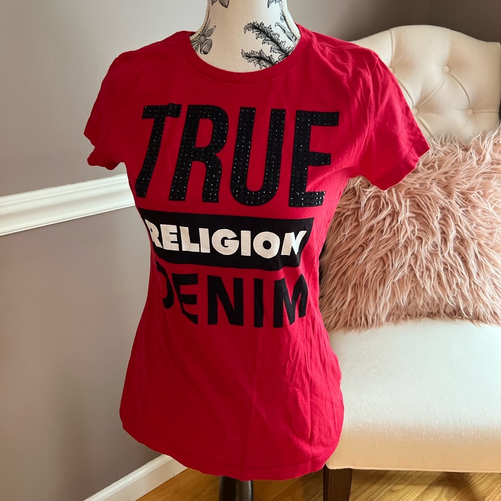 Red and black jeweled true religion tee. Worn once. Perfect condition.